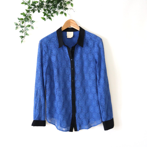 Vanessa Virginia Long Sleeve Blue Lace Collared Button Front Top Size 8 - Picture 1 of 4